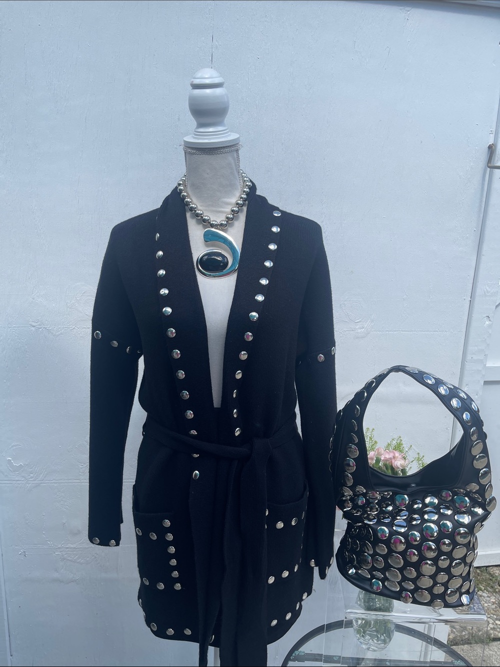 INC International Concepts Black and Silver  Studded Belted Cardigan Jacket